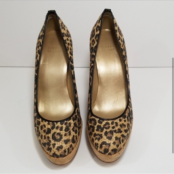 Women's Stuart Weitzman Animal Print Leopard Raffia Corkswoon Pump Shoes - Picture 2 of 8
